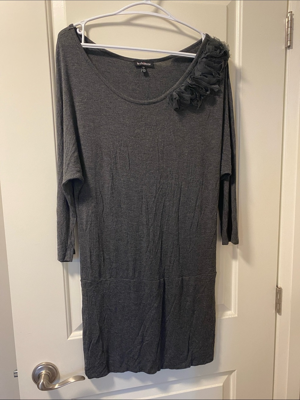 Le Château Charcoal Grey Floral Shoulder fitted dress